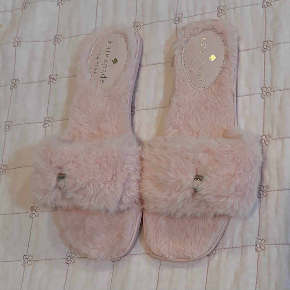 Kate Spade Blush bow Fuzzy Slippers
